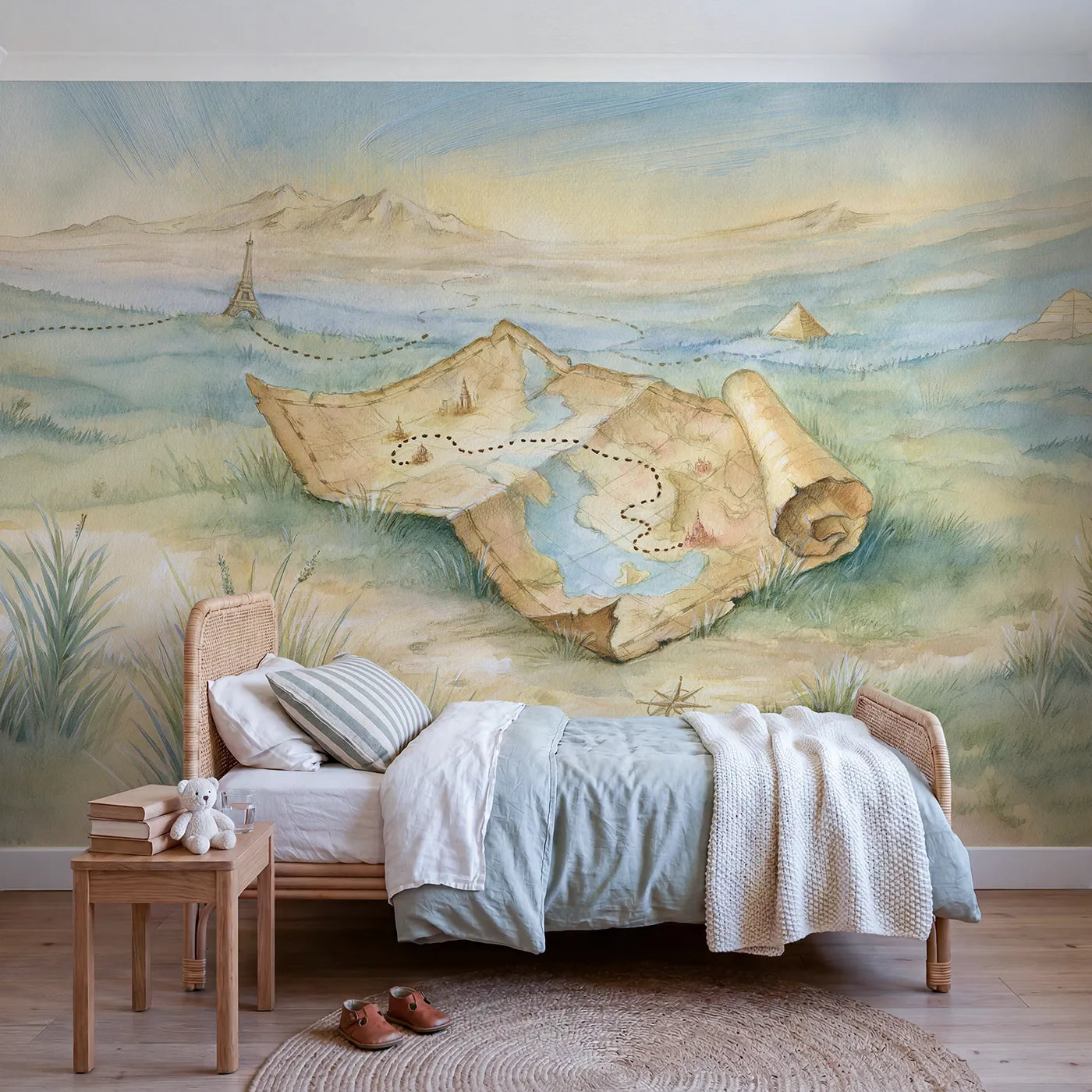 Storybook wall mural of a rambling travel map by Whimsy Tots