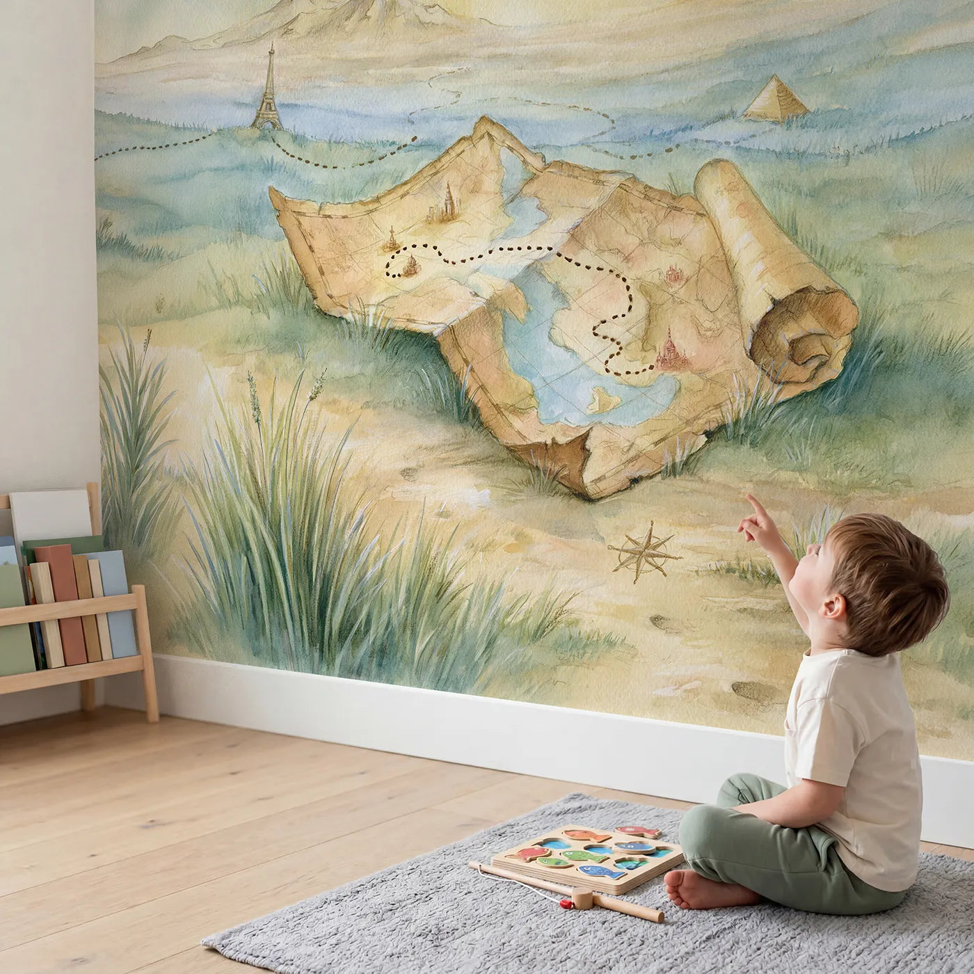 Child in nursery with Travel Adventure Map Wallpaper Mural by Whimsy Tots