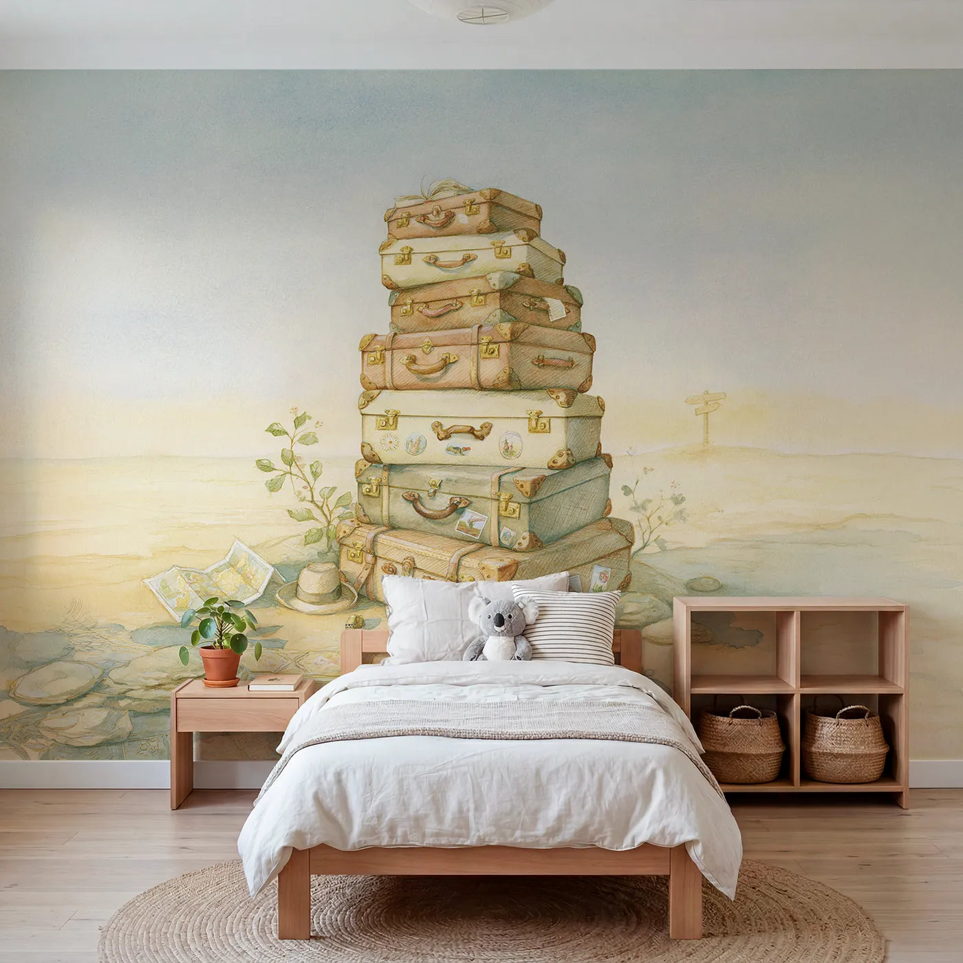 Storybook wall mural of stacked vintage suitcases by Whimsy Tots