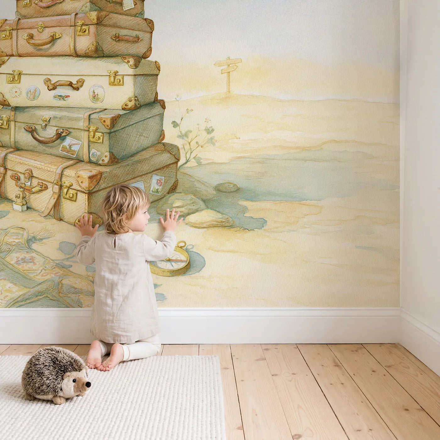 Child in nursery with Suitcase Journey Day Wallpaper Mural by Whimsy Tots