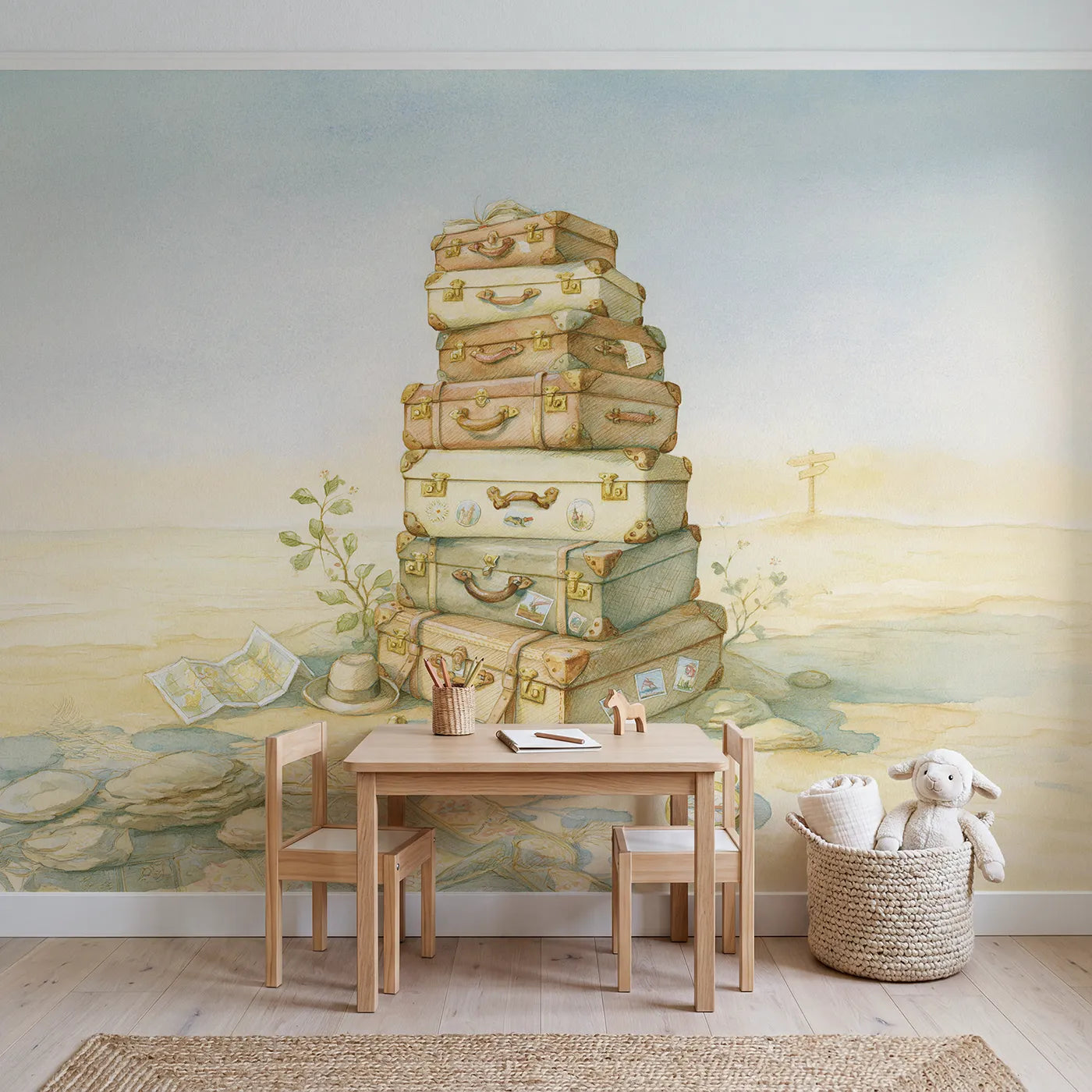 Suitcase Journey Day Wallpaper Mural in playroom setting by Whimsy Tots