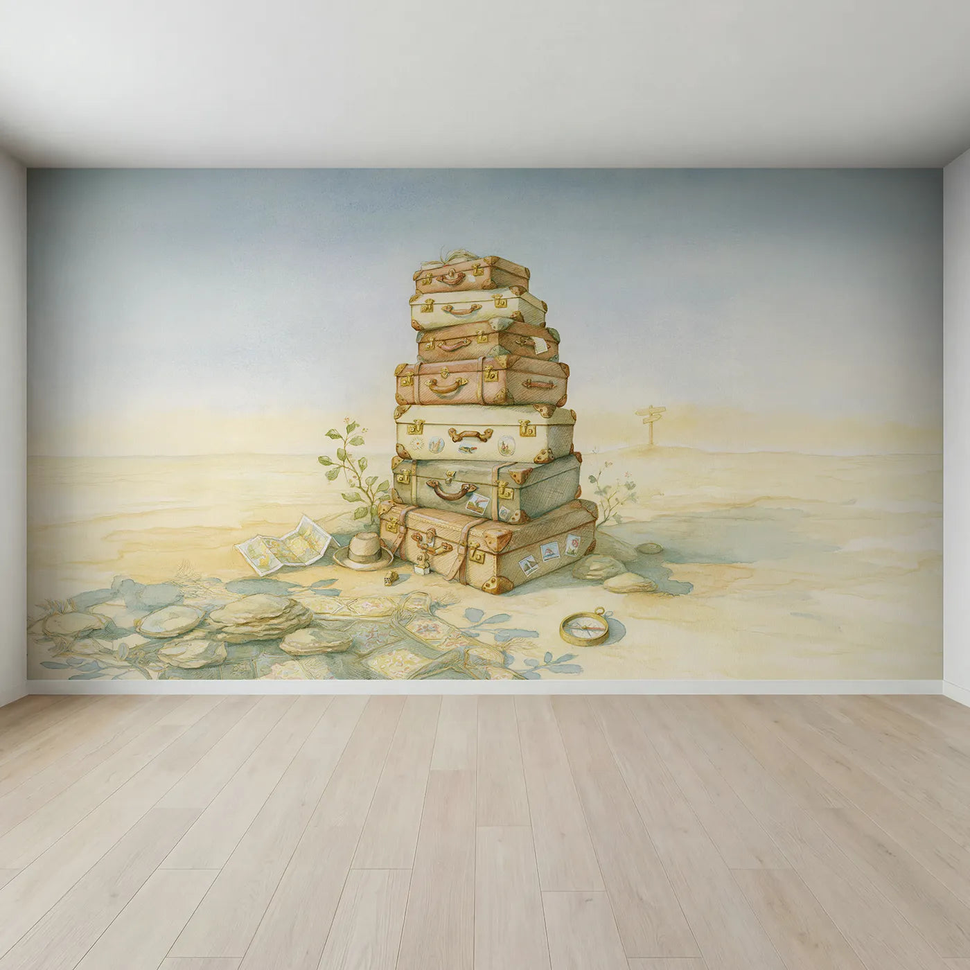 Full view of Suitcase Journey Day Wallpaper Mural by Whimsy Tots