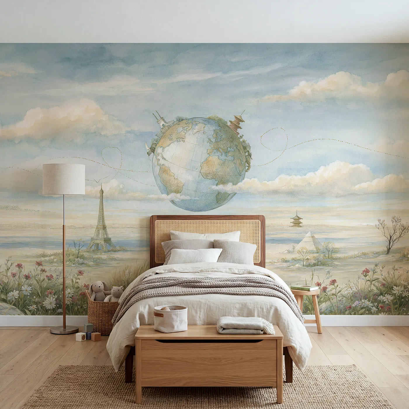 Storybook wall mural of a globe ringed by landmarks by Whimsy Tots