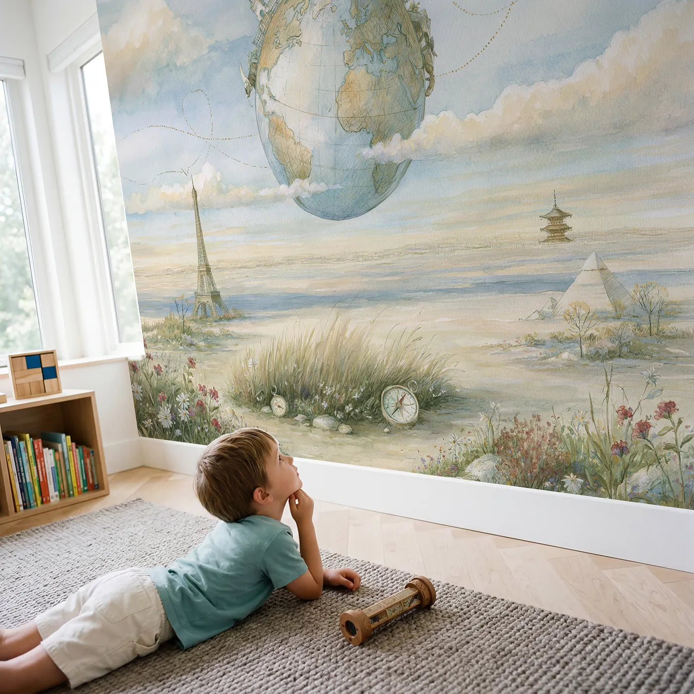 Child in nursery with Around the World Wallpaper Mural by Whimsy Tots