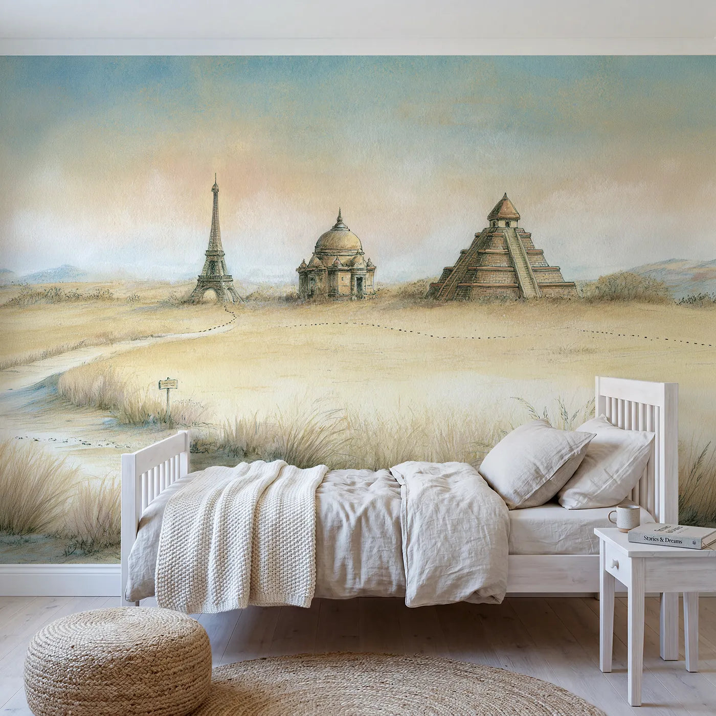 Storybook wall mural of a landmark discovery tour by Whimsy Tots