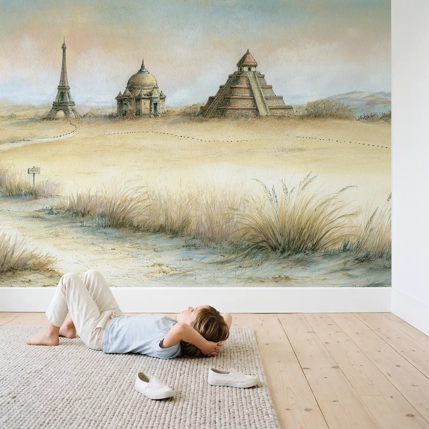 Child in nursery with Landmark Discovery Tour Wallpaper Mural by Whimsy Tots