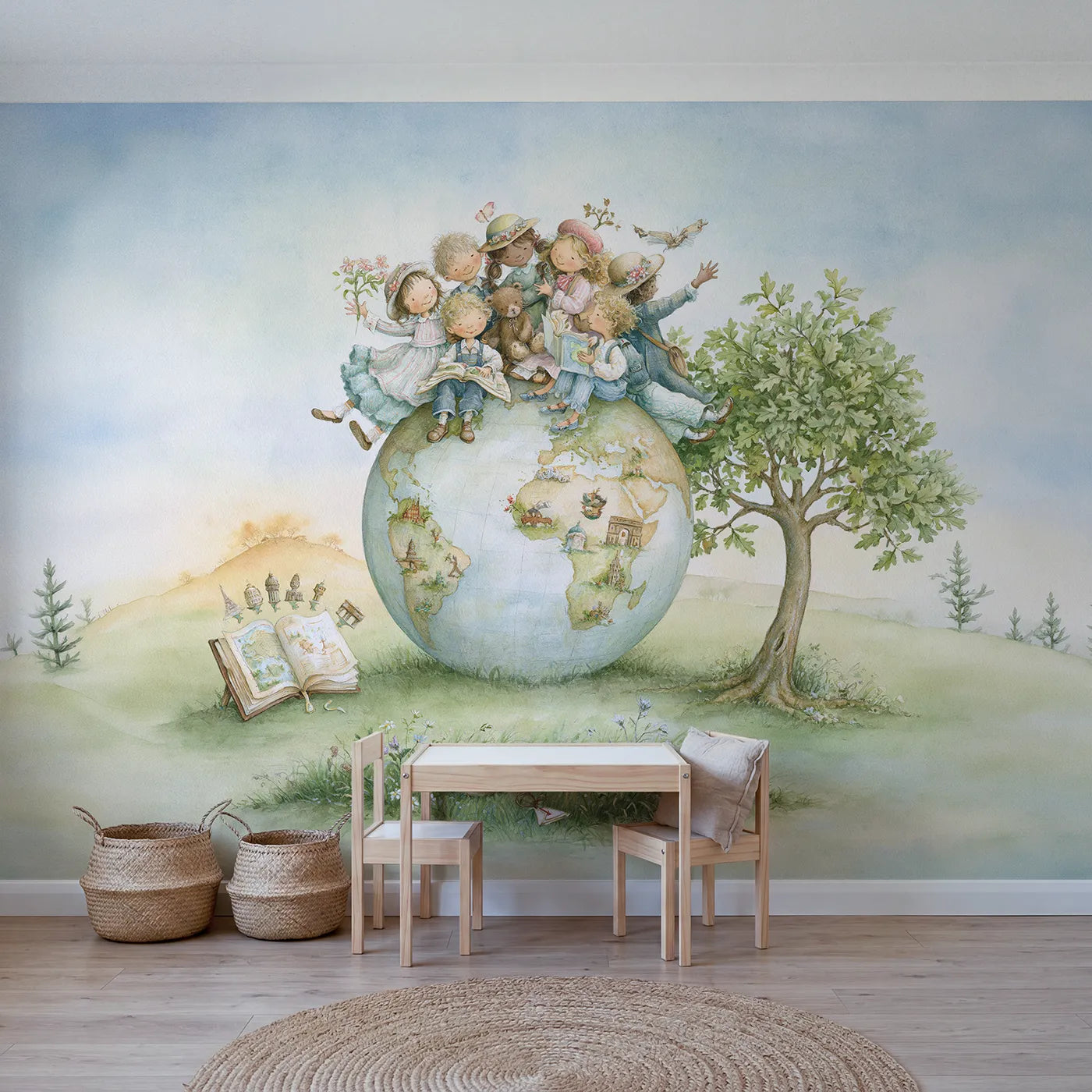Storybook wall mural of globe trotting friends by Whimsy Tots