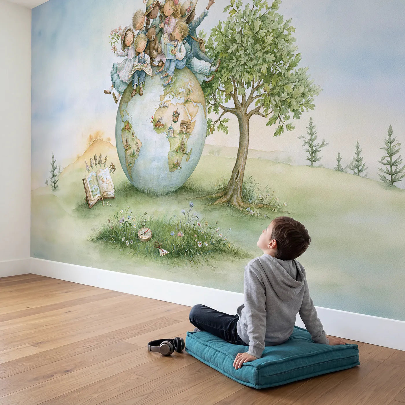 Child in nursery with Globe Trotting Friends Wallpaper Mural by Whimsy Tots