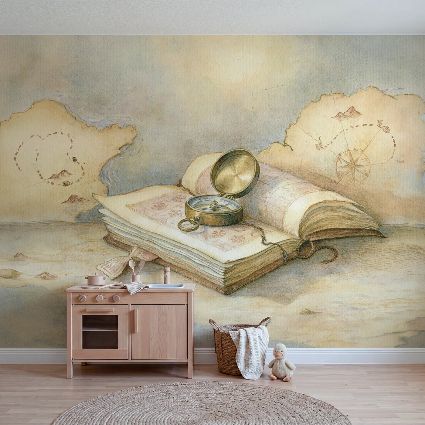 Storybook wall mural of a map and brass compass by Whimsy Tots