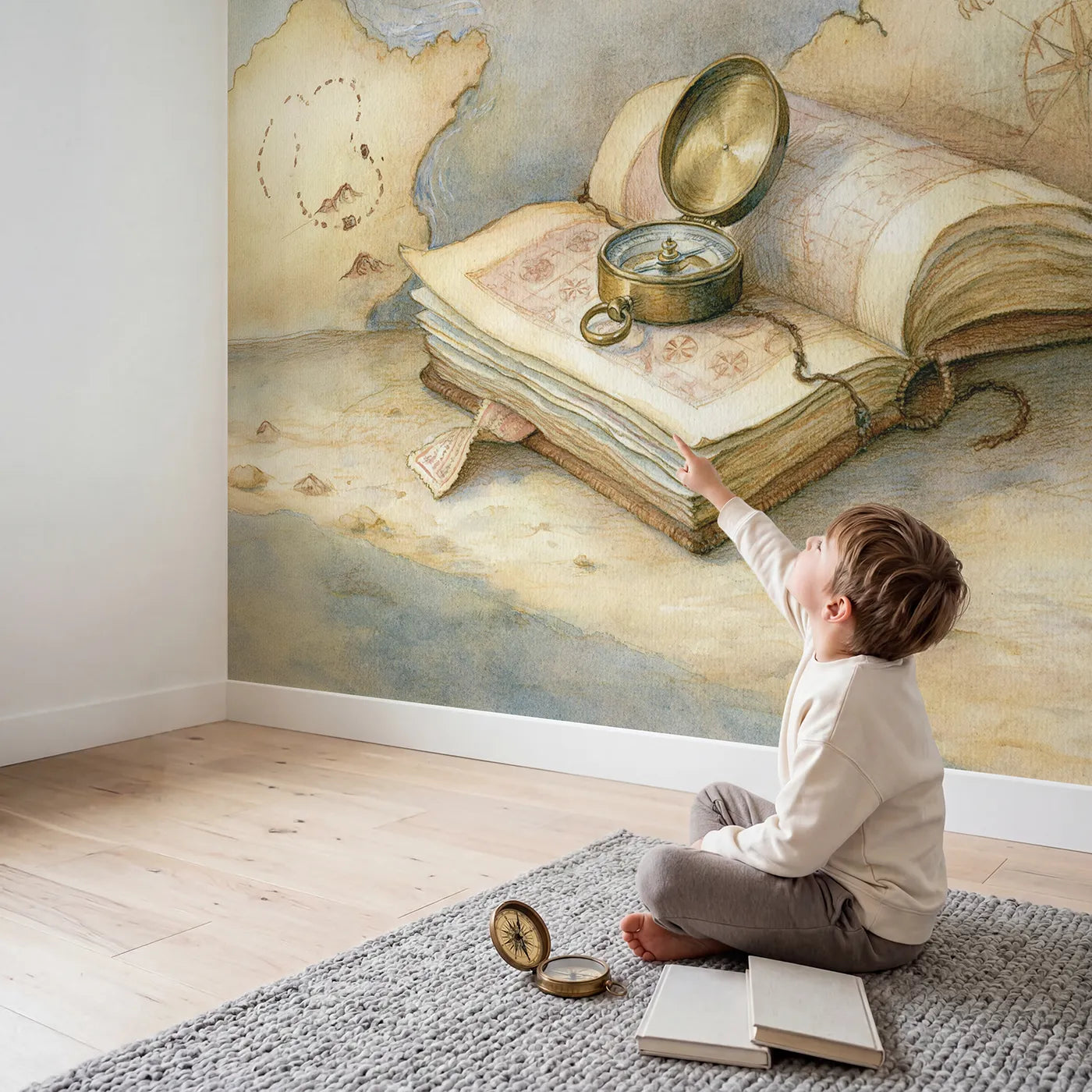 Child in nursery with Map and Compass Wallpaper Mural by Whimsy Tots