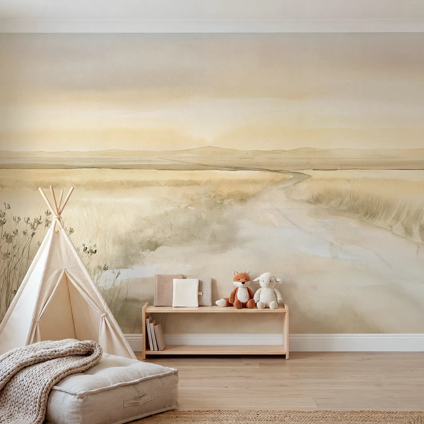 Watercolor wall mural of a distant travel horizon by Whimsy Tots