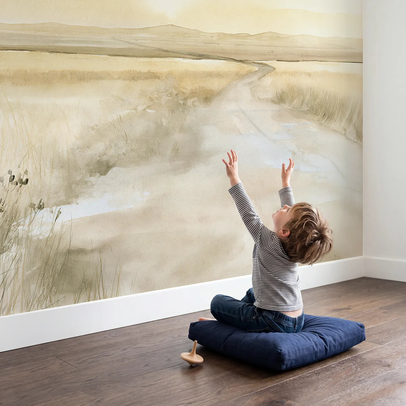 Child in nursery with Distant Travel Horizon Wallpaper Mural by Whimsy Tots