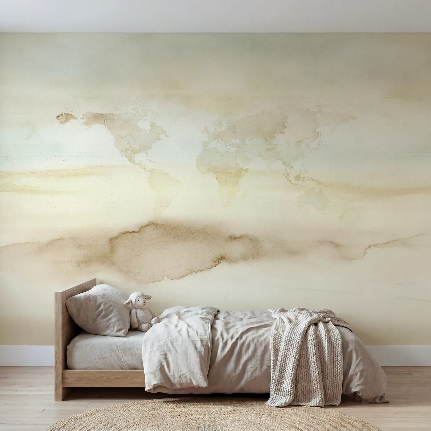 Watercolor wall mural of a hazy dissolving world map by Whimsy Tots