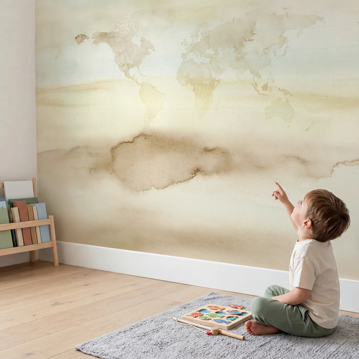 Child in nursery with Hazy World Map Wallpaper Mural by Whimsy Tots