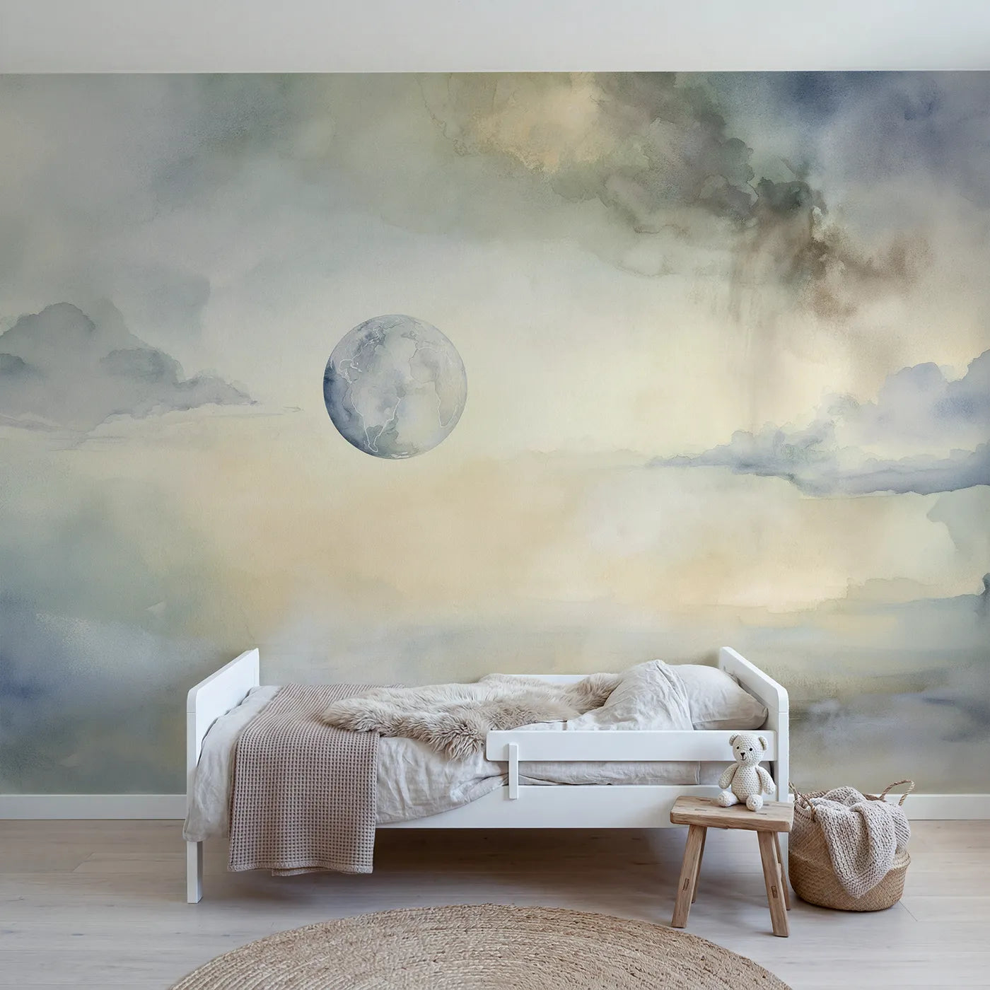 Watercolor wall mural of a soft dreaming globe by Whimsy Tots