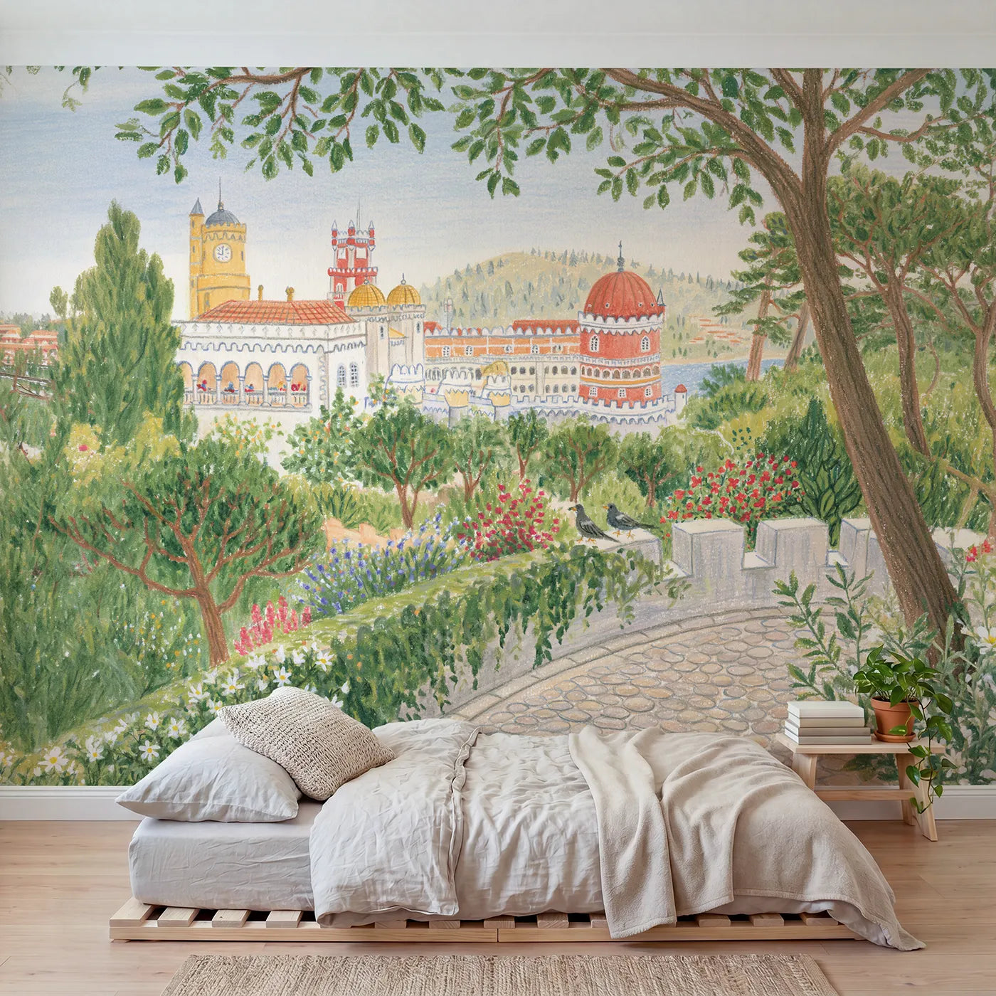 Colored Pencil painted hilltop palace of tiled towers, mural for a bedroom by Whimsy Tots