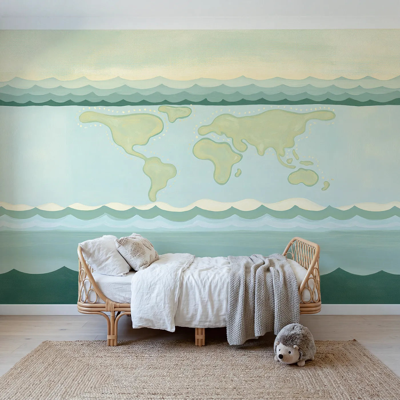 Gouache wall mural of a bold folk world map by Whimsy Tots