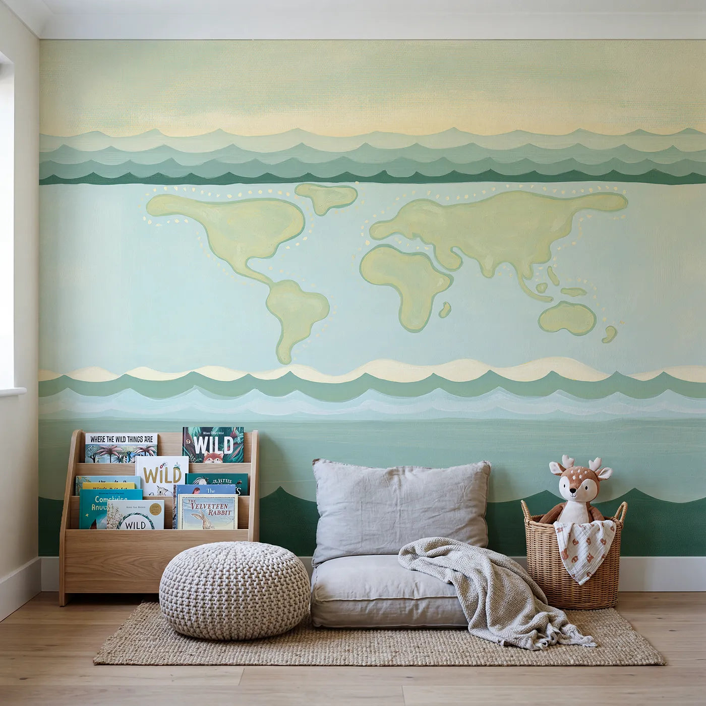 Folk World Map Wallpaper Mural in playroom setting by Whimsy Tots