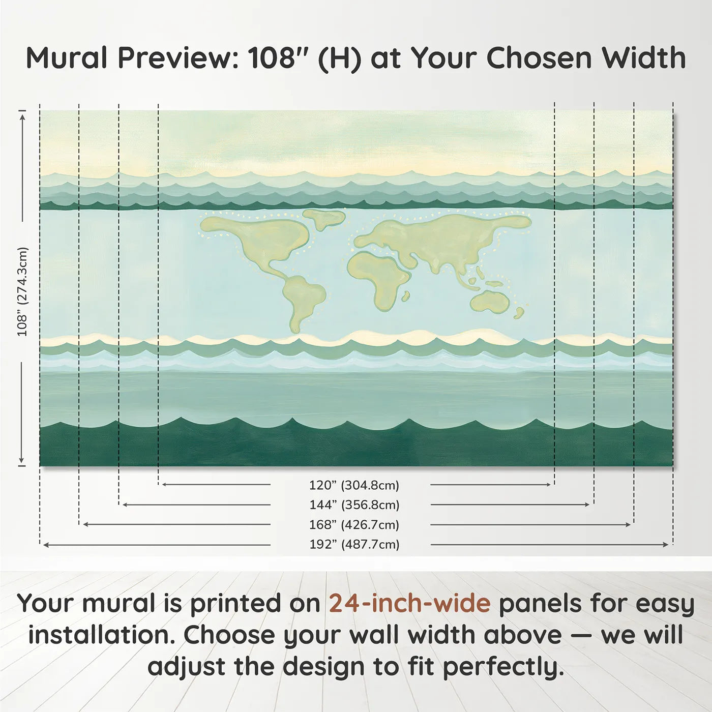 Panel layout and dimensions for Folk World Map Wallpaper Mural by Whimsy Tots