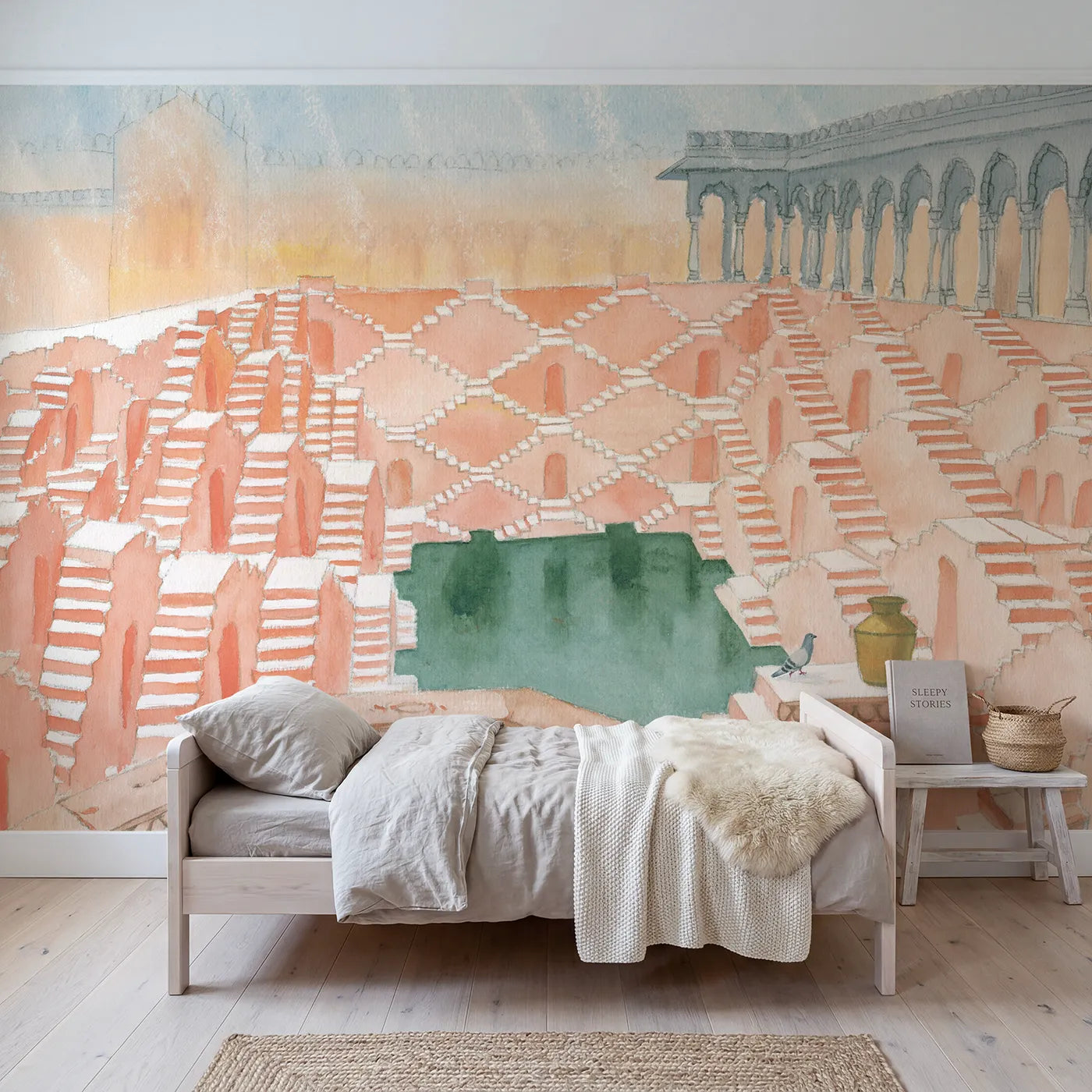Colored Pencil stepwell stairs zigzagging down to water, mural for a big-kid bedroom by Whimsy Tots