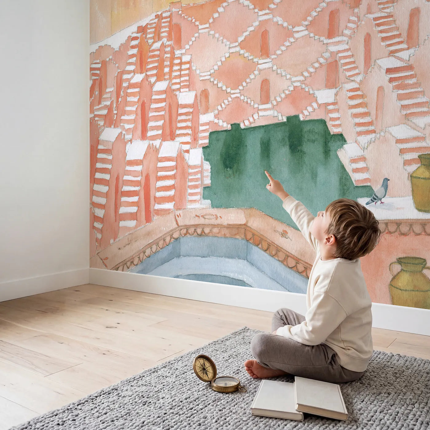 Child in nursery with The Great Stepwell Wallpaper Mural by Whimsy Tots