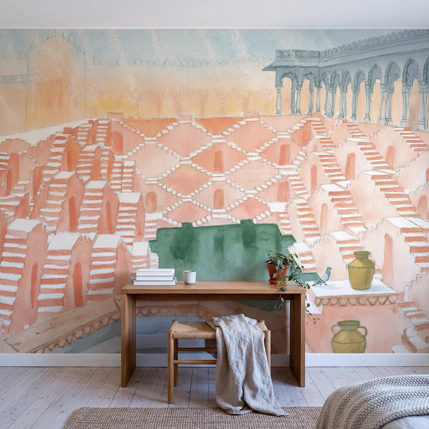 The Great Stepwell Wallpaper Mural in playroom setting by Whimsy Tots