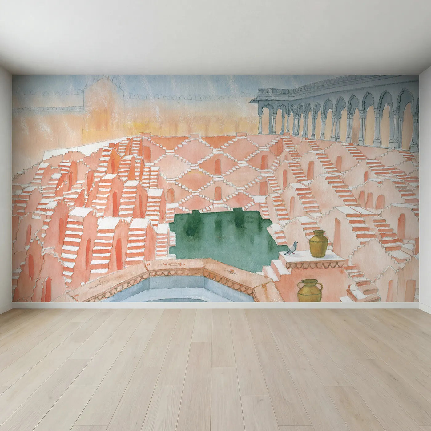 Full view of The Great Stepwell Wallpaper Mural by Whimsy Tots