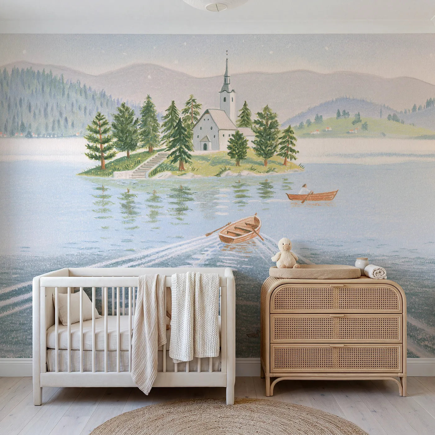 Colored Pencil island church on a still alpine lake, mural for a toddler room by Whimsy Tots
