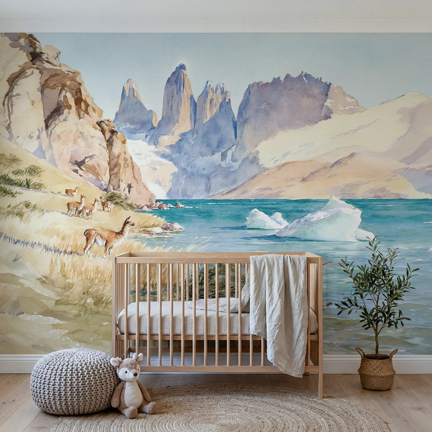 Watercolor granite towers above a turquoise glacial lake, mural for a bedroom by Whimsy Tots