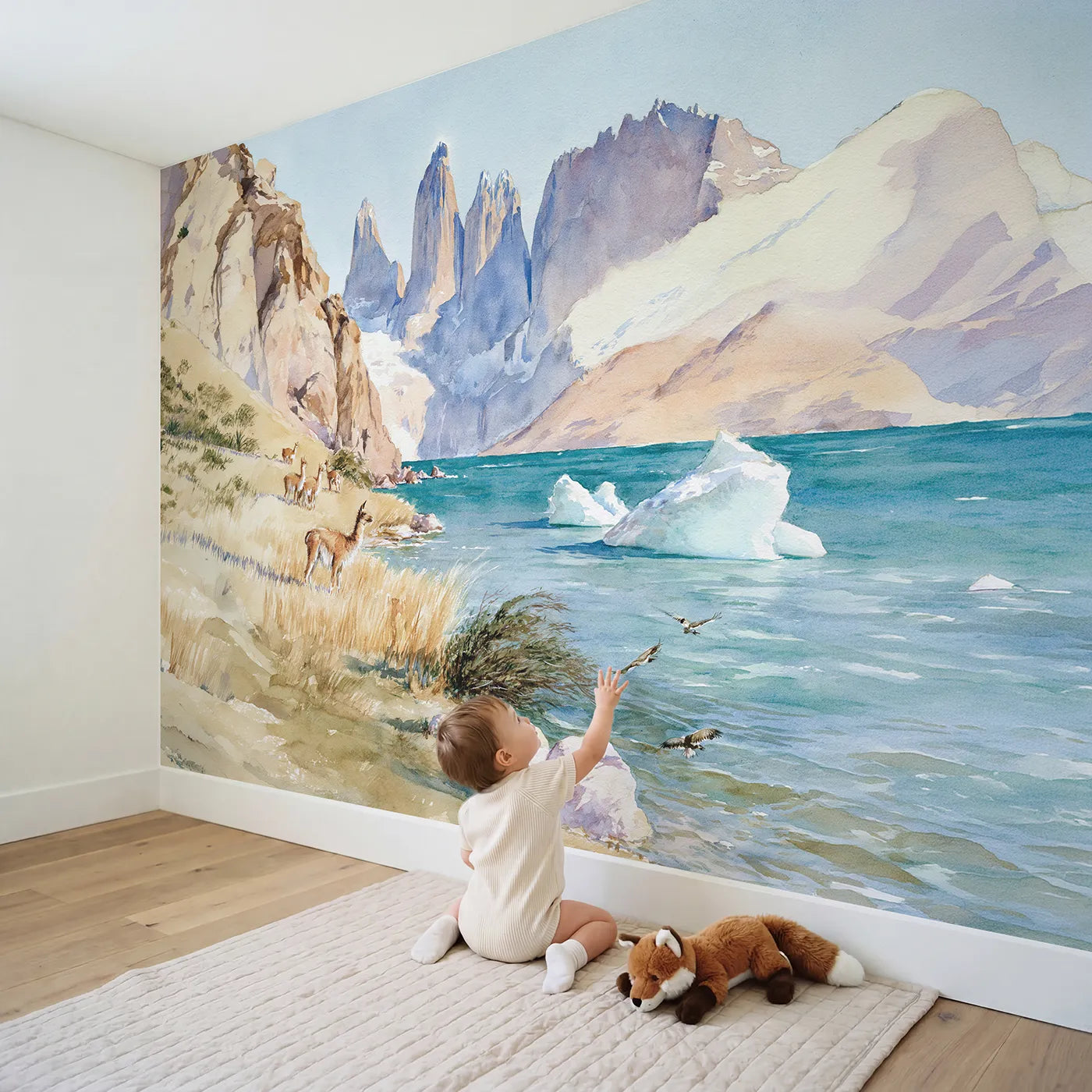 Child in nursery with The Blue Towers of Patagonia Wallpaper Mural by Whimsy Tots