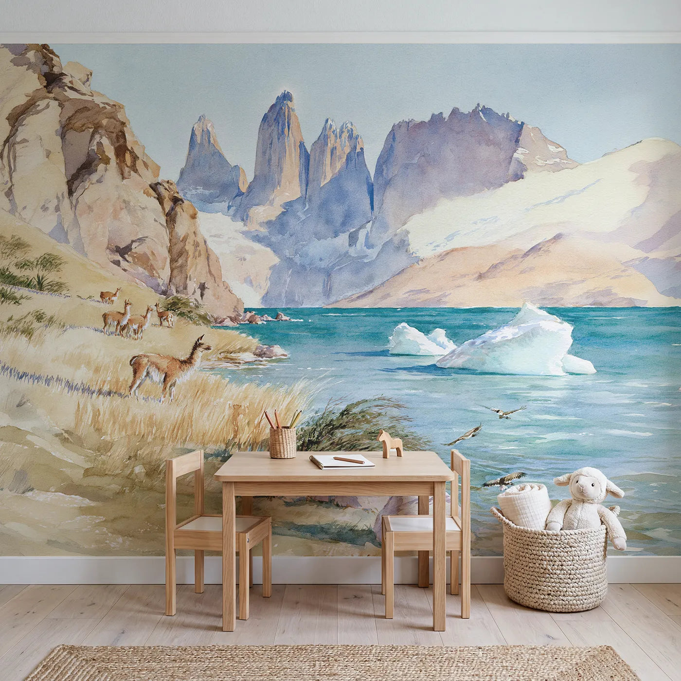 The Blue Towers of Patagonia Wallpaper Mural in playroom setting by Whimsy Tots