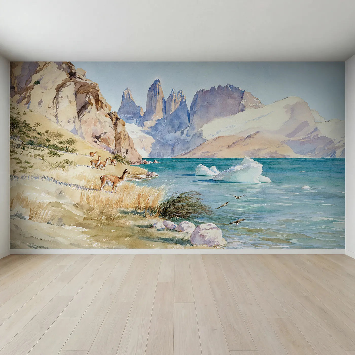 Full view of The Blue Towers of Patagonia Wallpaper Mural by Whimsy Tots