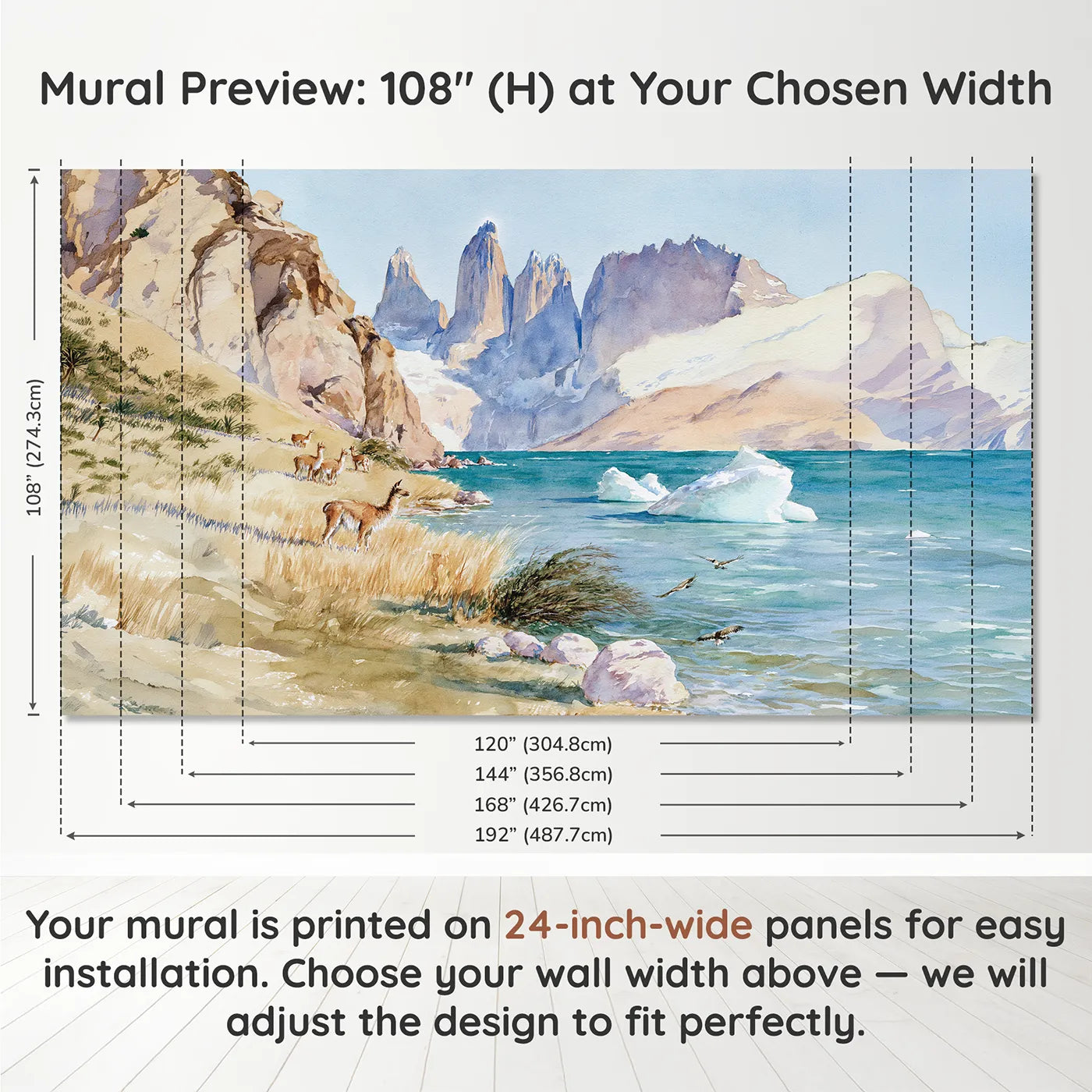 Panel layout and dimensions for The Blue Towers of Patagonia Wallpaper Mural by Whimsy Tots