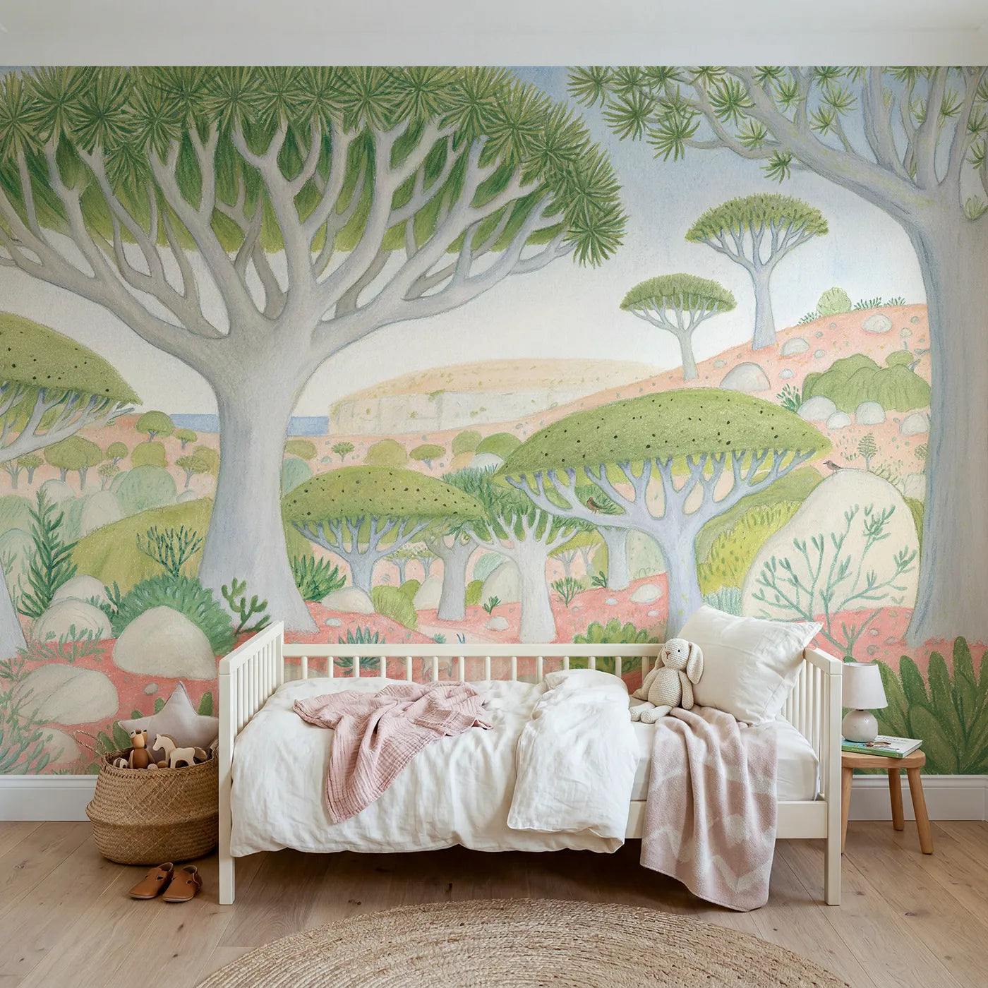 Colored Pencil dragon trees with flat umbrella canopies, mural for a big-kid bedroom by Whimsy Tots