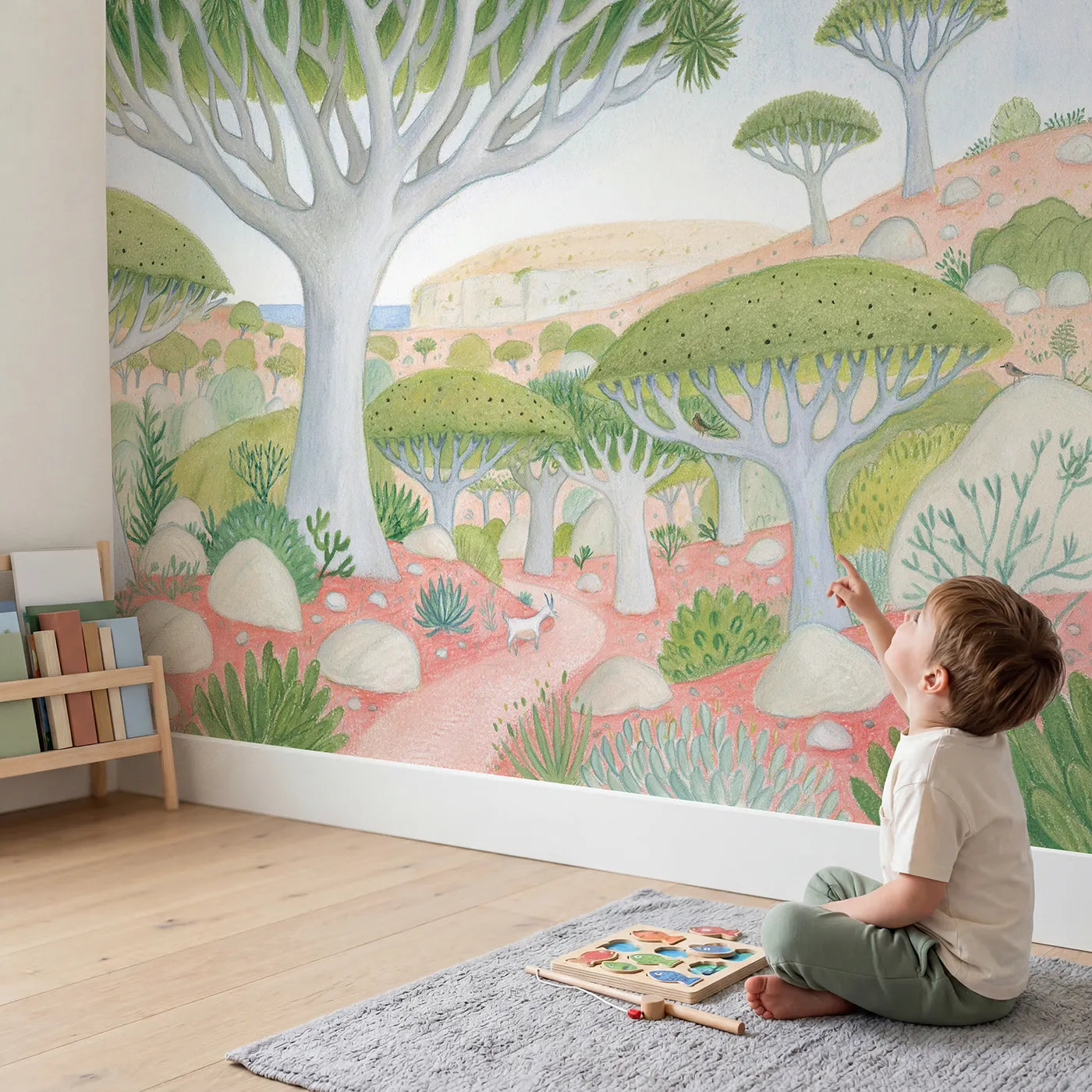 Child in nursery with The Dragon Tree Grove Wallpaper Mural by Whimsy Tots