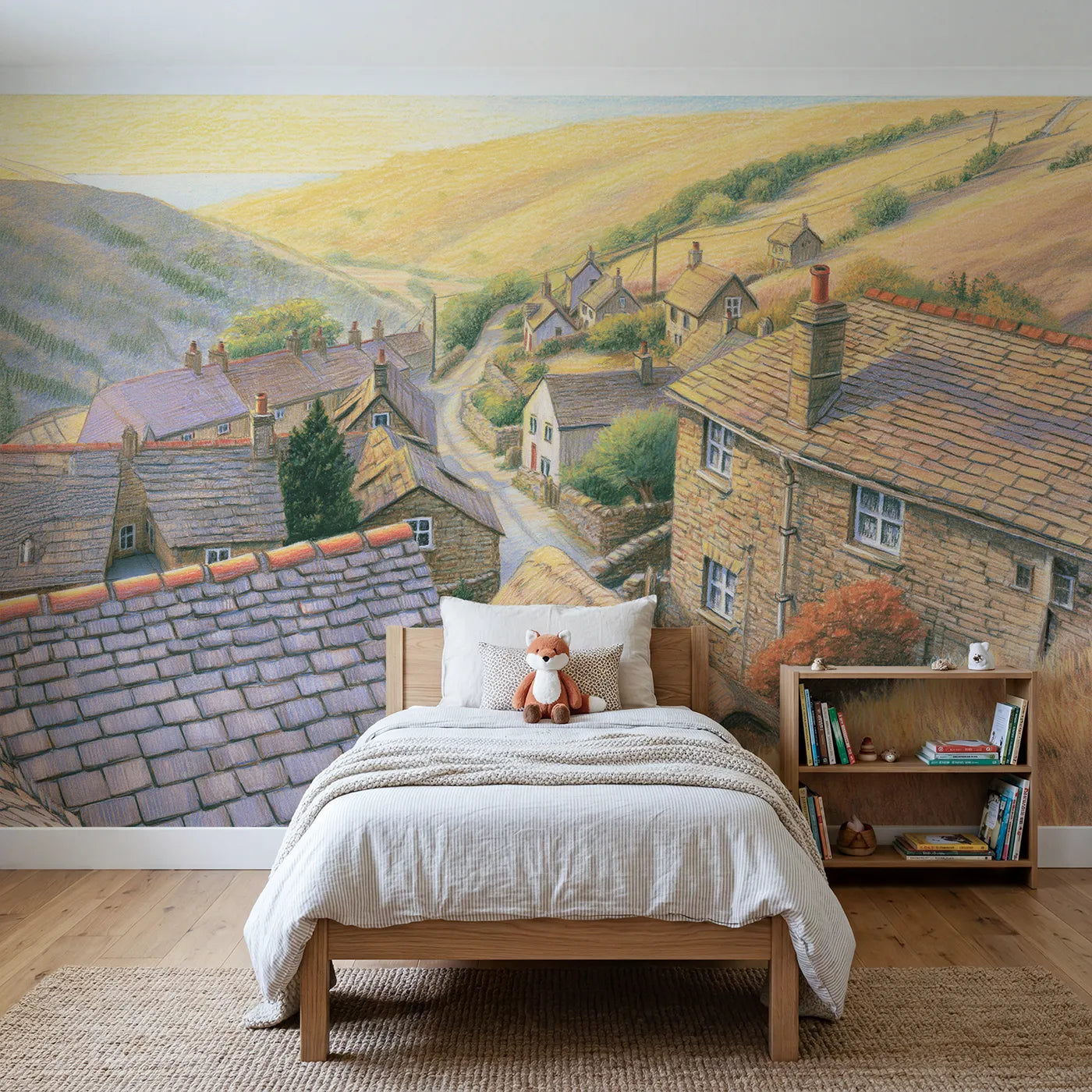 Colored-pencil wall mural of a cozy hillside village by Whimsy Tots