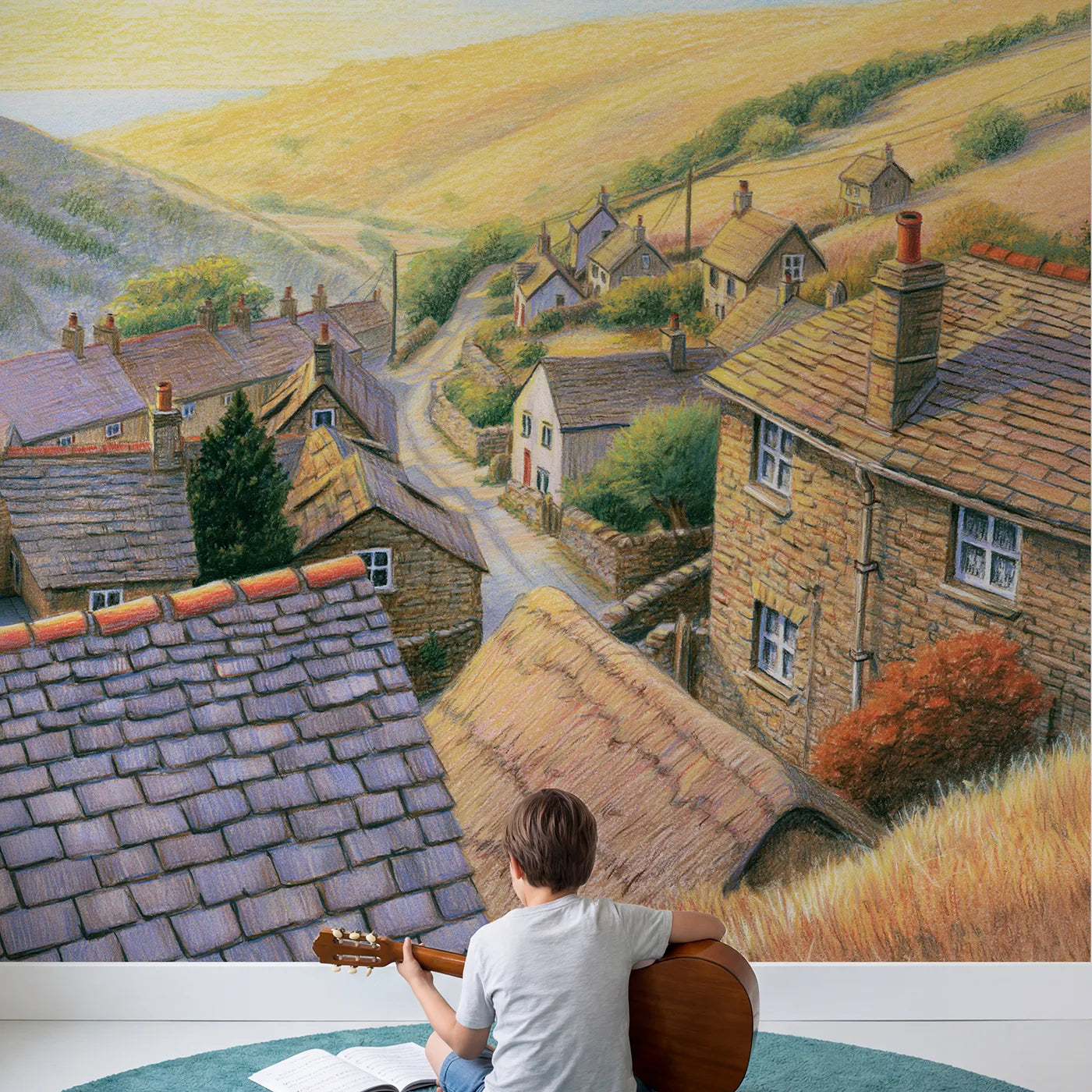 Child in nursery with Cozy Hillside Village Wallpaper Mural by Whimsy Tots