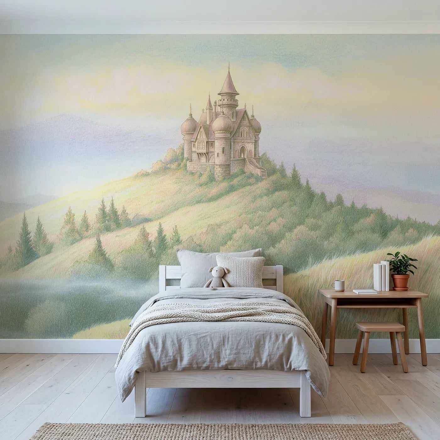 Colored-pencil wall mural of a fairytale castle by Whimsy Tots