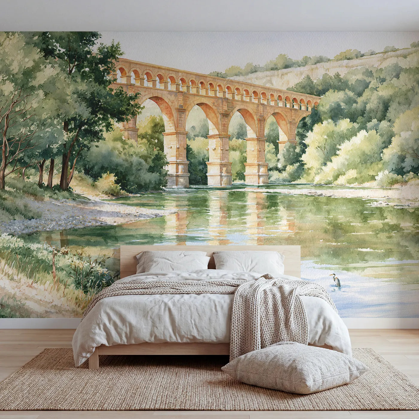 Watercolor Roman aqueduct on three tiers of arches, mural for a big-kid bedroom by Whimsy Tots