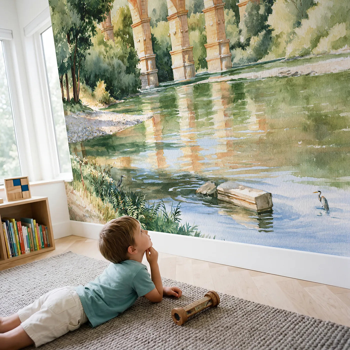 Child in nursery with The Roman Aqueduct Wallpaper Mural by Whimsy Tots