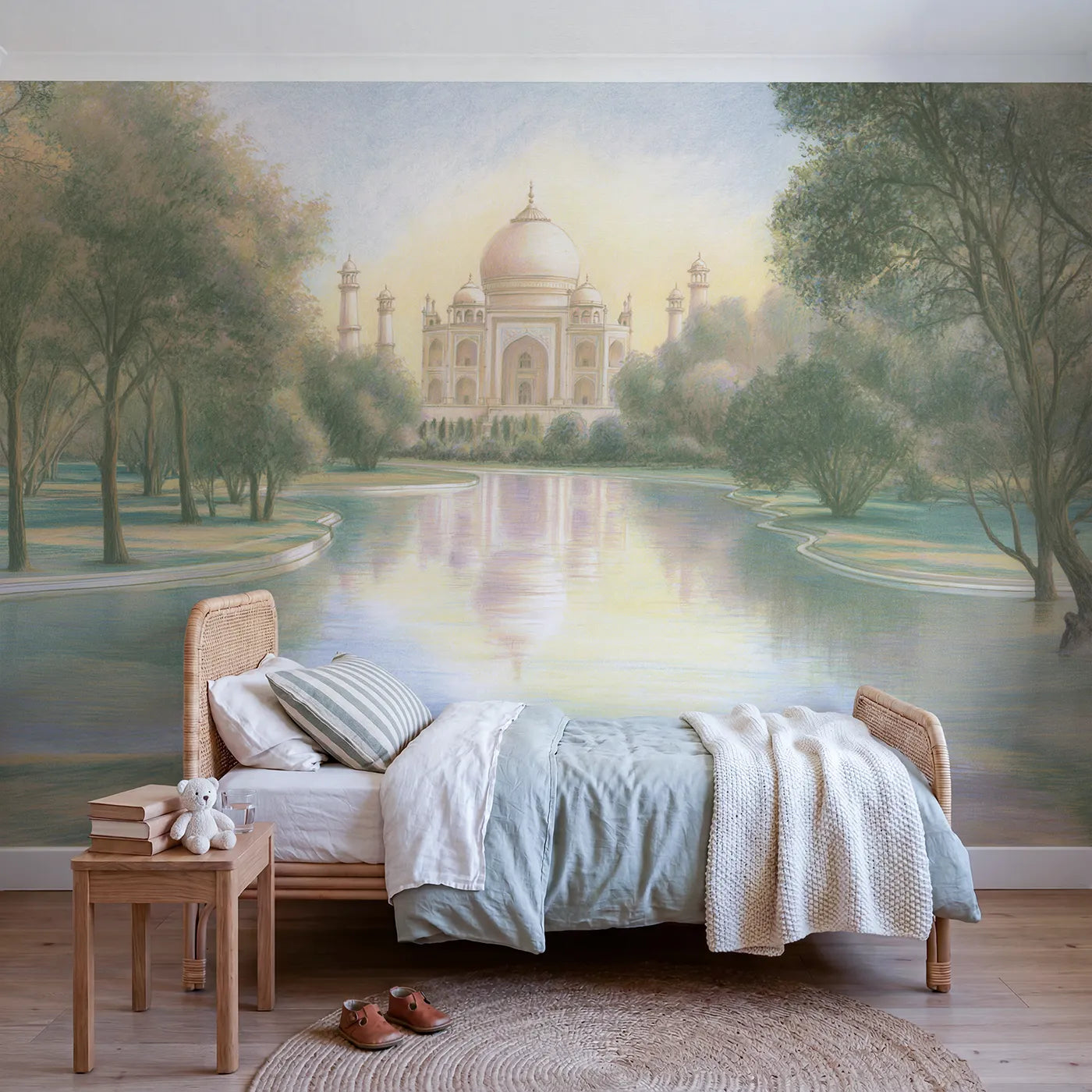 Colored-pencil wall mural of a soft Taj Mahal by Whimsy Tots