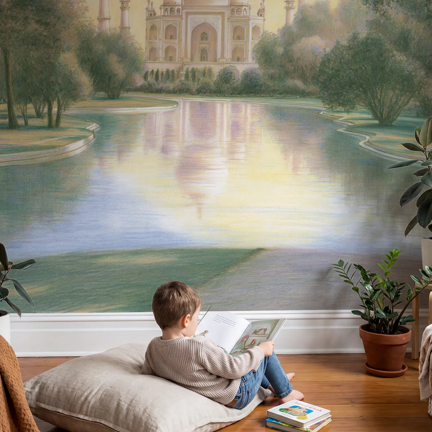 Child in nursery with Soft Taj Mahal Wallpaper Mural by Whimsy Tots