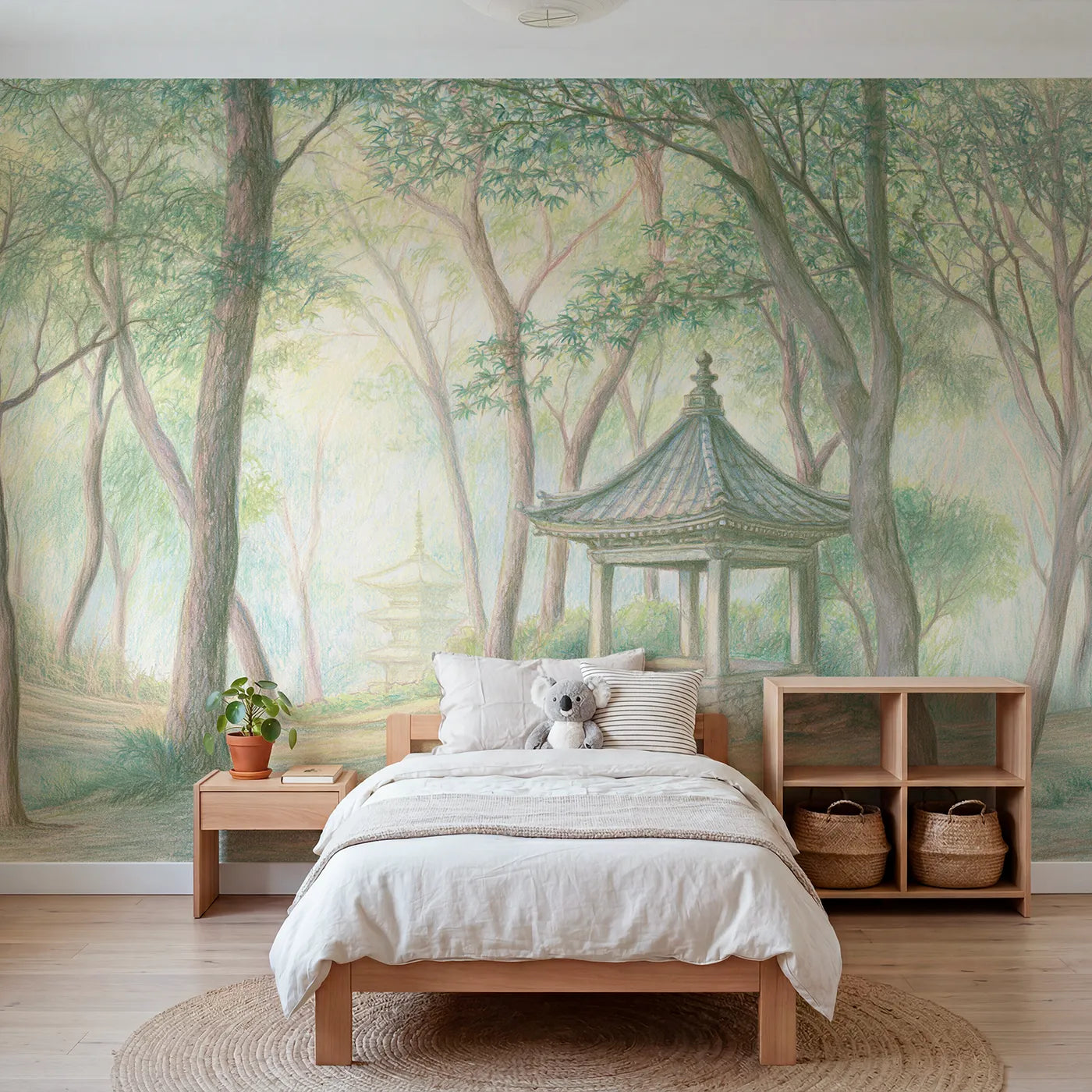 Colored-pencil wall mural of a quiet Japanese pagoda by Whimsy Tots