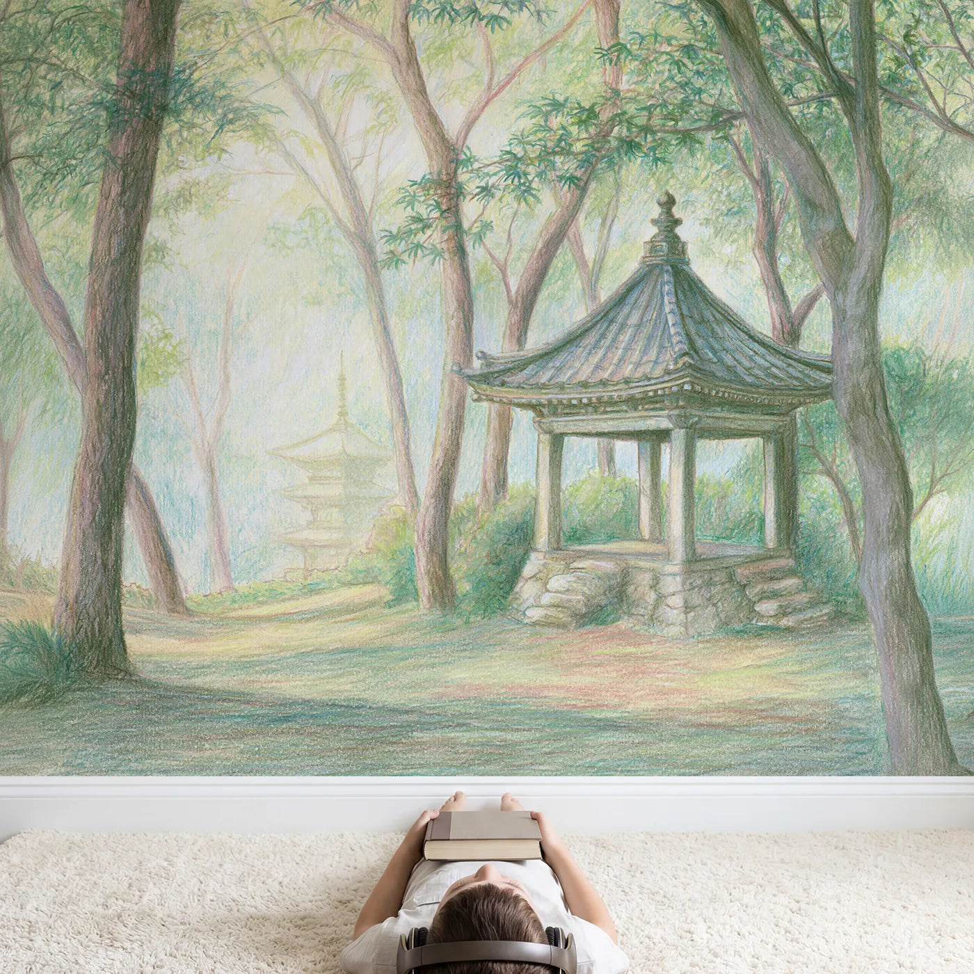 Child in nursery with Quiet Japanese Pagoda Wallpaper Mural by Whimsy Tots