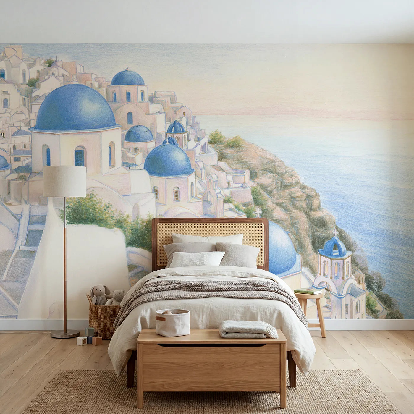 Colored-pencil wall mural of Santorini blue domes by Whimsy Tots
