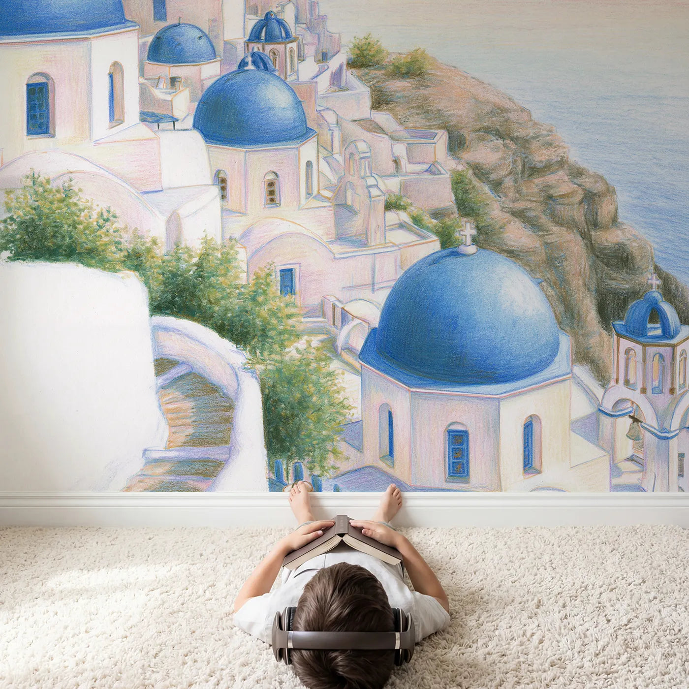 Child in nursery with Santorini Blue Domes Wallpaper Mural by Whimsy Tots