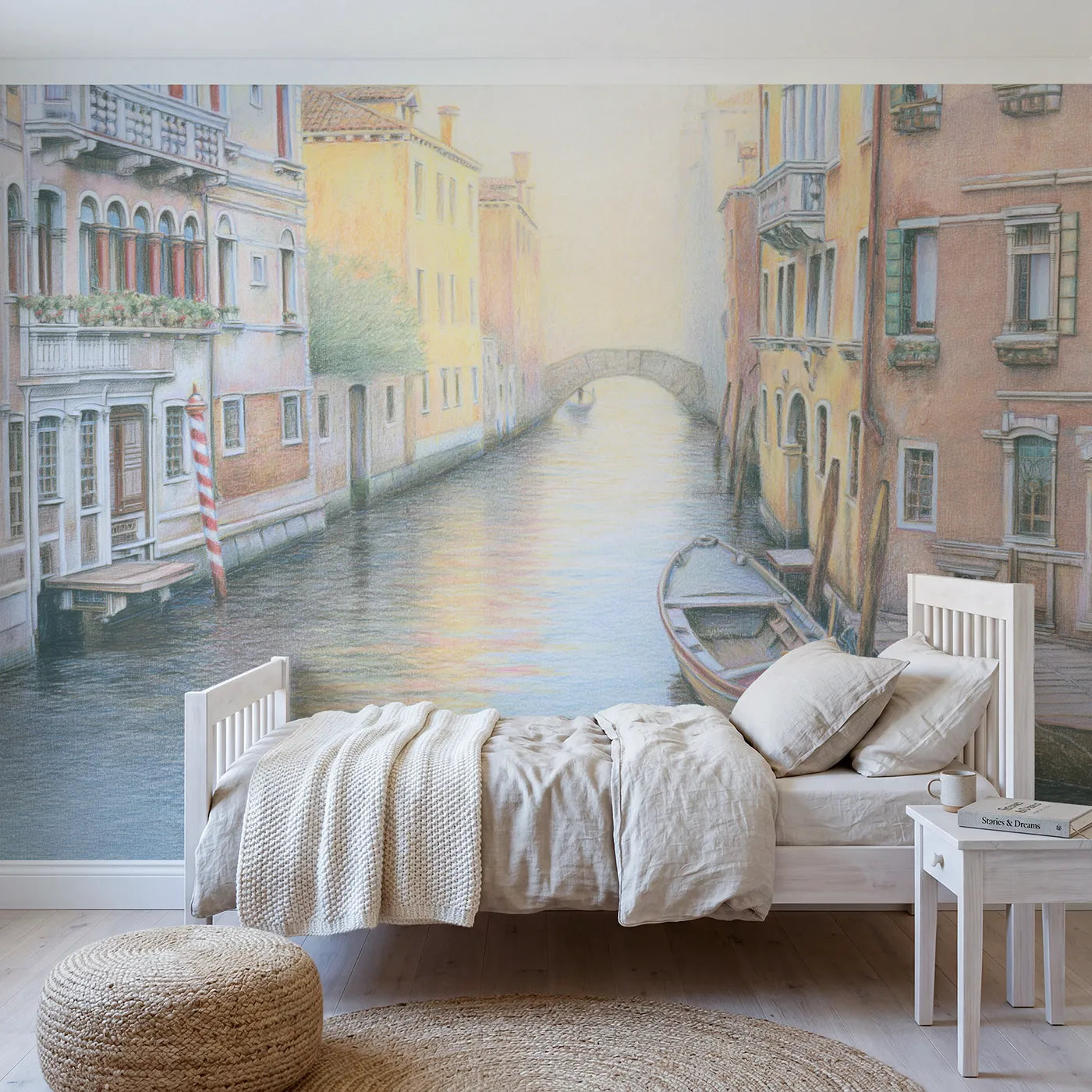 Colored-pencil wall mural of a quiet Venice canal by Whimsy Tots