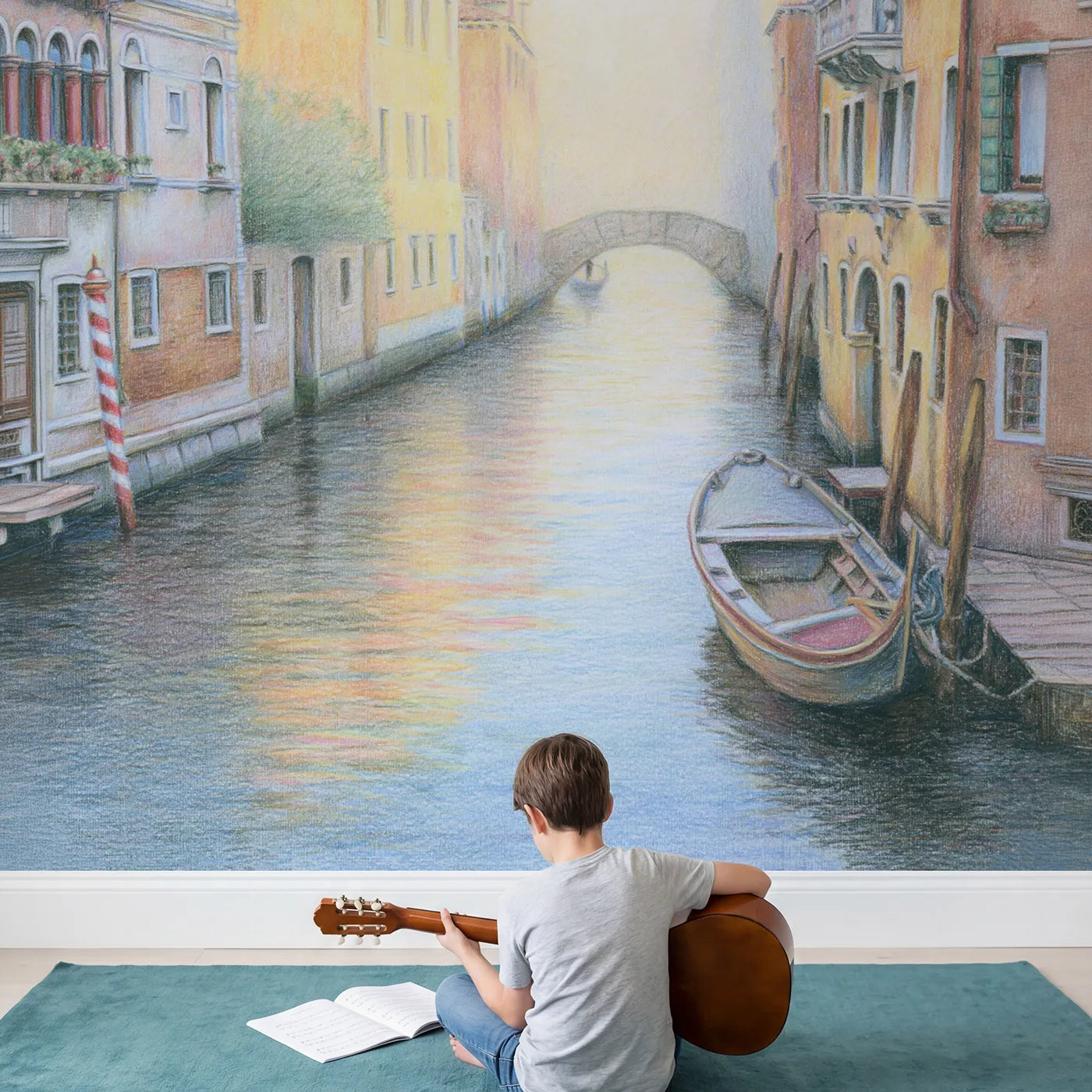 Child in nursery with Soft Venice Canal Wallpaper Mural by Whimsy Tots
