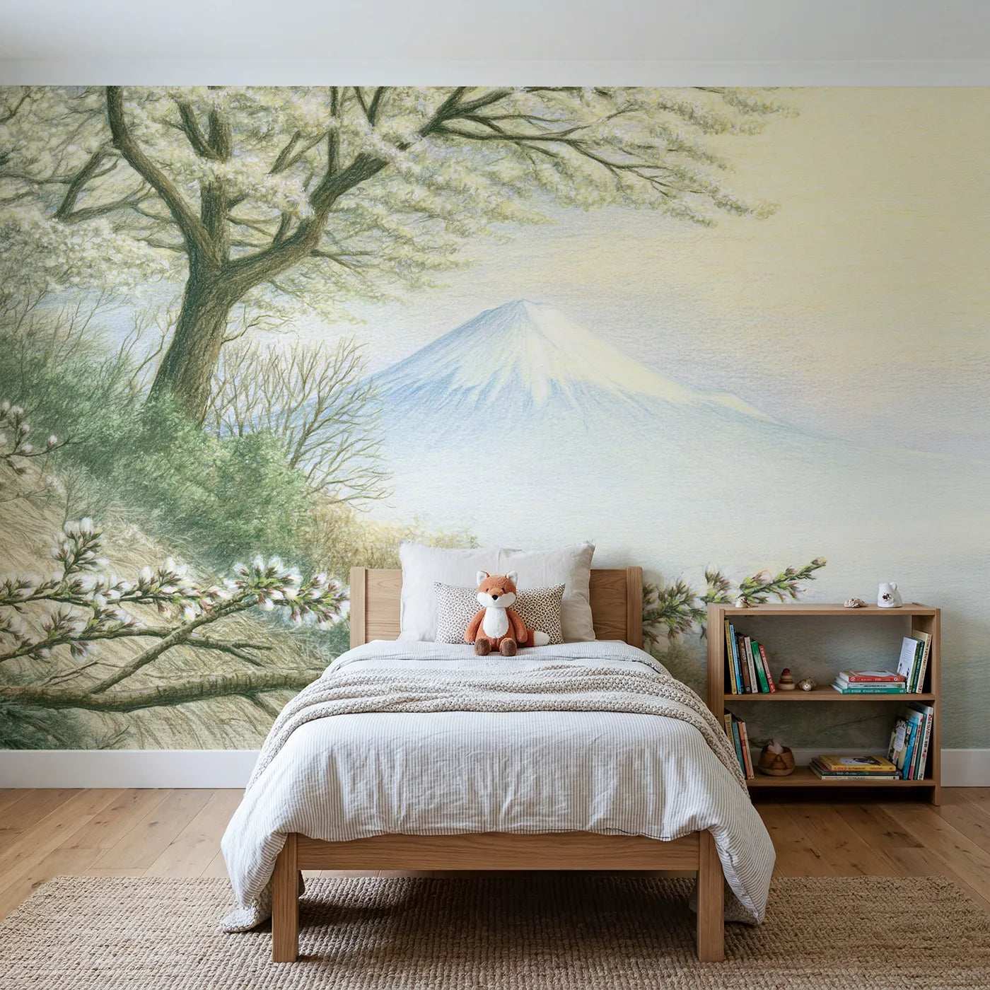 Colored-pencil wall mural of Fuji beyond blossoms by Whimsy Tots