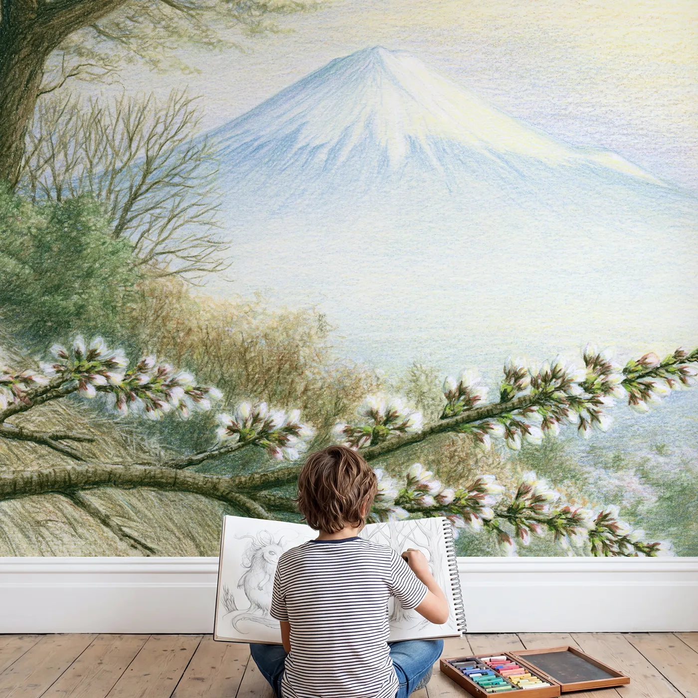 Child in nursery with Gentle Mount Fuji Wallpaper Mural by Whimsy Tots